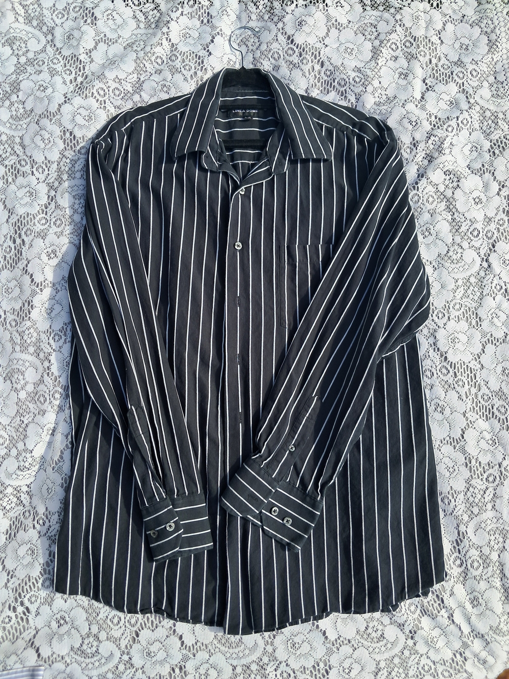 3 Mens Lg Sleeve Shirts 17.5 Black w/ White Pinstripes & 2 W/ Blue Stripes EUC